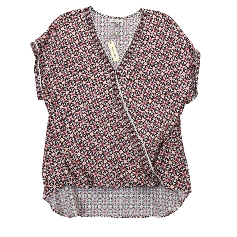 Max Studio NWT geometric faux wrap blouson sleeveless shirt tail top womens sz L